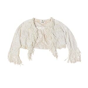 Sandy Starkman White Cotton Lace Fringe Cropped Cardigan